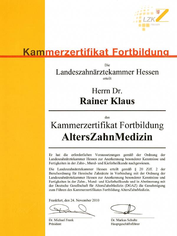 Dr. med. dent. R. Klaus – Kammerzertifikat Fortbildung AltersZahnMedizin