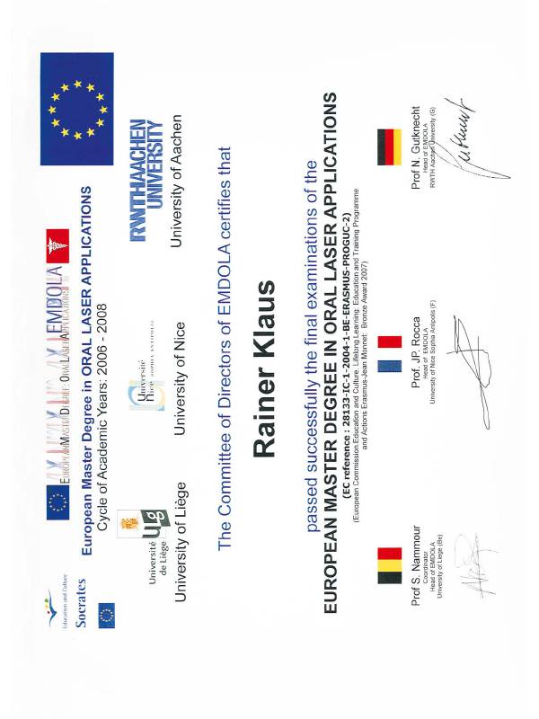 Dr. med. dent. R. Klaus – European Master Degree in Oral Laser Applications