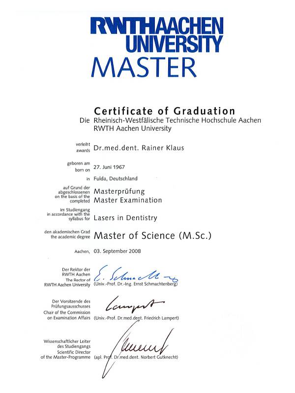 Dr. med. dent. R. Klaus – Master of Science (M.Sc.)